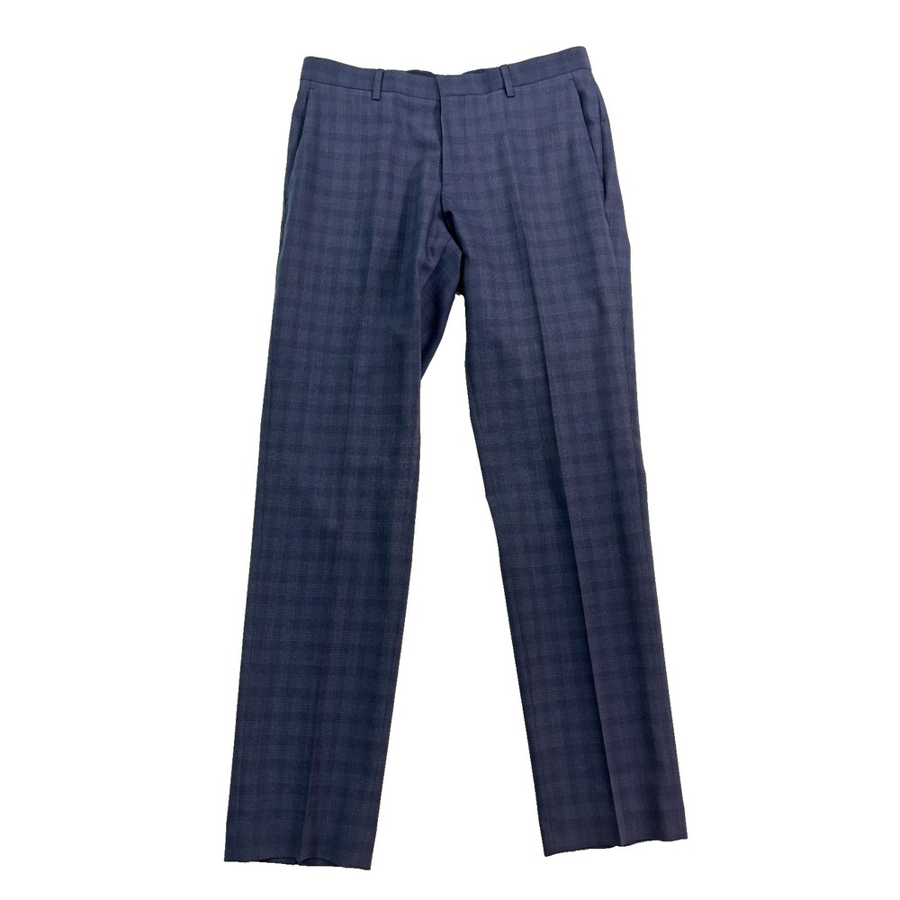 Hugo Boss Genesis2 32x32 Navy Blue Plaid‎ Dress Pants Flat Front Stretch Wool